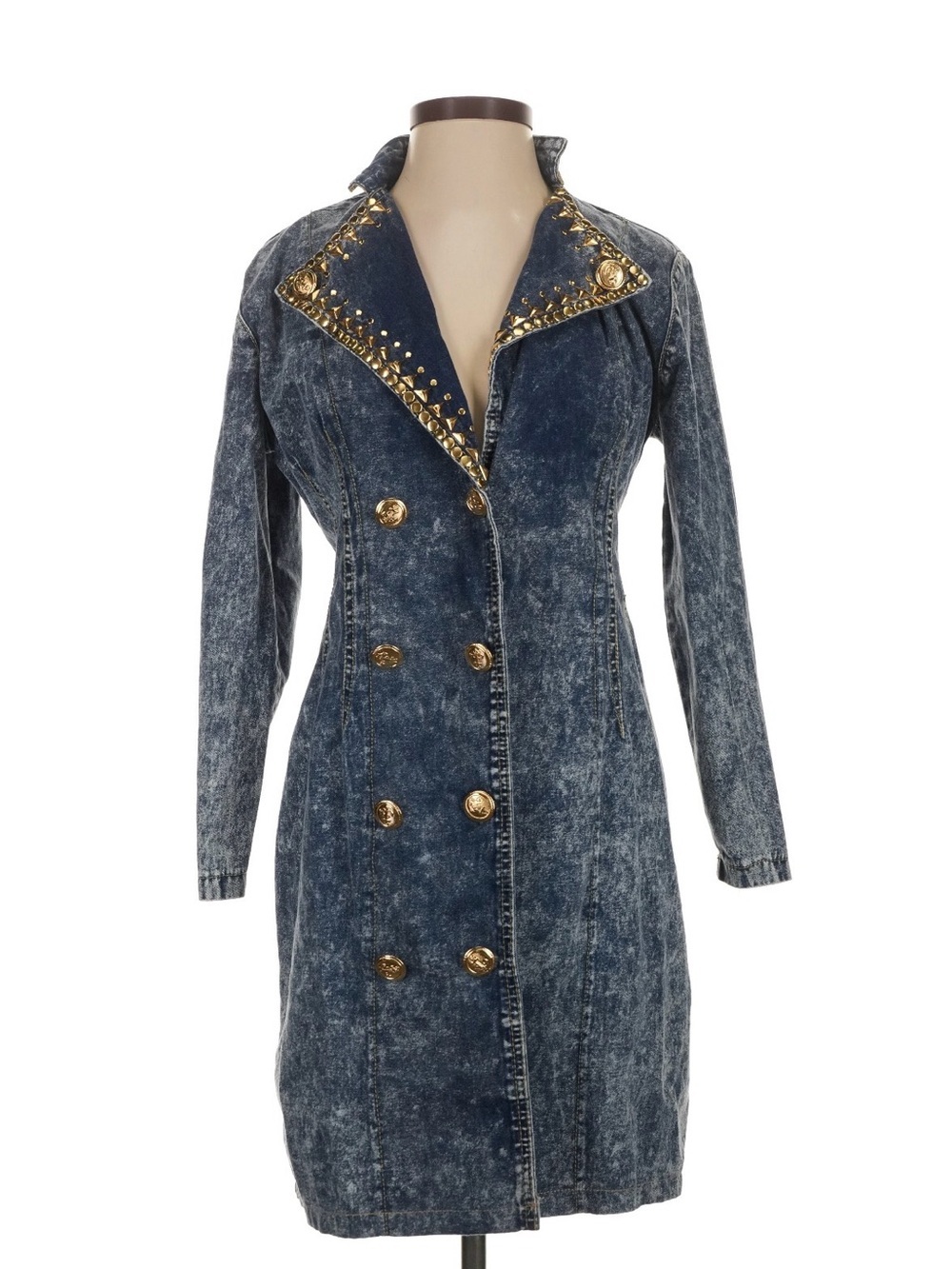 Vintage Cache Denim Dress Jacket Embellished Gold Studded Double Breasted Coat